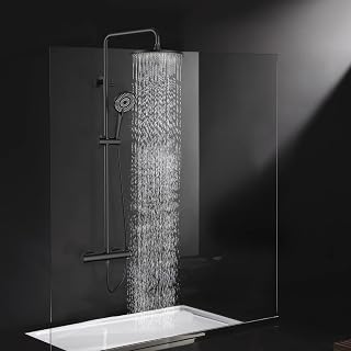 Rainsworth Thermostatic Shower Mixer Set, Height Adjustable Mixer Shower System with 25cm Round Overhead Rainfall Shower and High Pressure 3 Jets Handheld Shower, Black