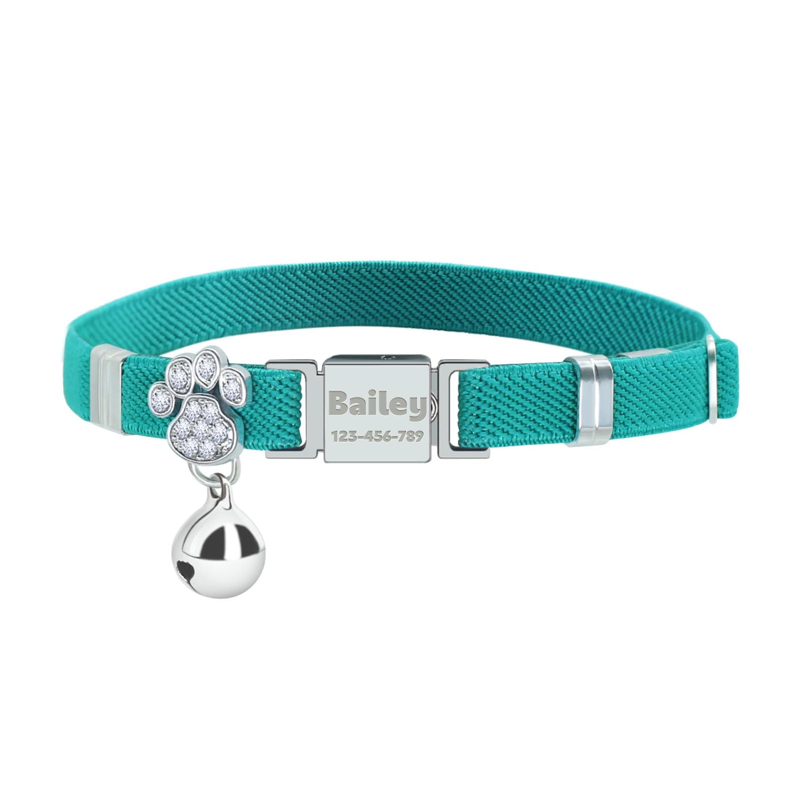 Personalized Safety Elastic Cat Collars with Bell,Laser Customized Stretch Kitten Collars for Girls Boys Cats-Cyan