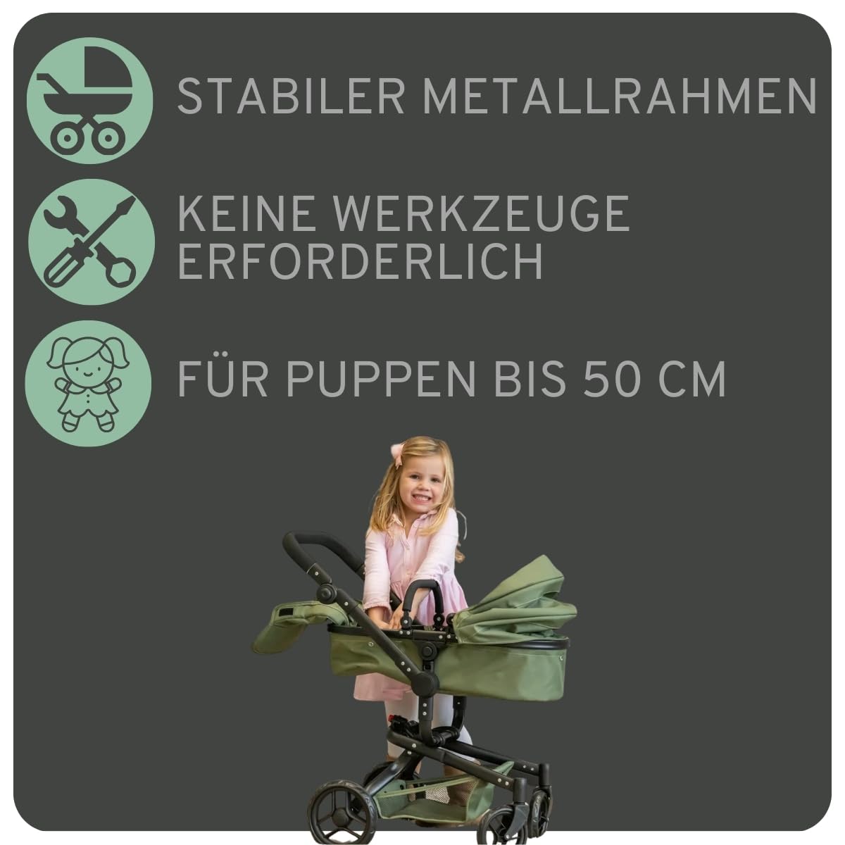 Bandits & Angels Puppenwagen Grün Modern Angel 2in1 Retro Grün ab 3 Jahren – Puppenbuggy – Für Mädchen – Verstellbarer Schieber 48-81 cm – Komplett zusammenklappbar – Mit Einkaufskorb
