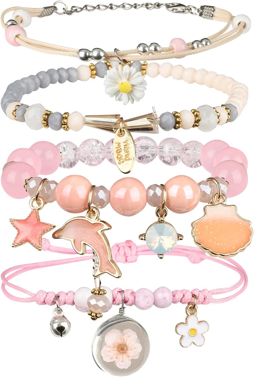 4 Pcs Beaded Cute Bracelets for Teen Girls Women, Dainty Cute Cartoon Crystal Beads Pearl Stretch Charm Handmade Adjustable Anklets Bracelet Set Birthday Gift for Friends