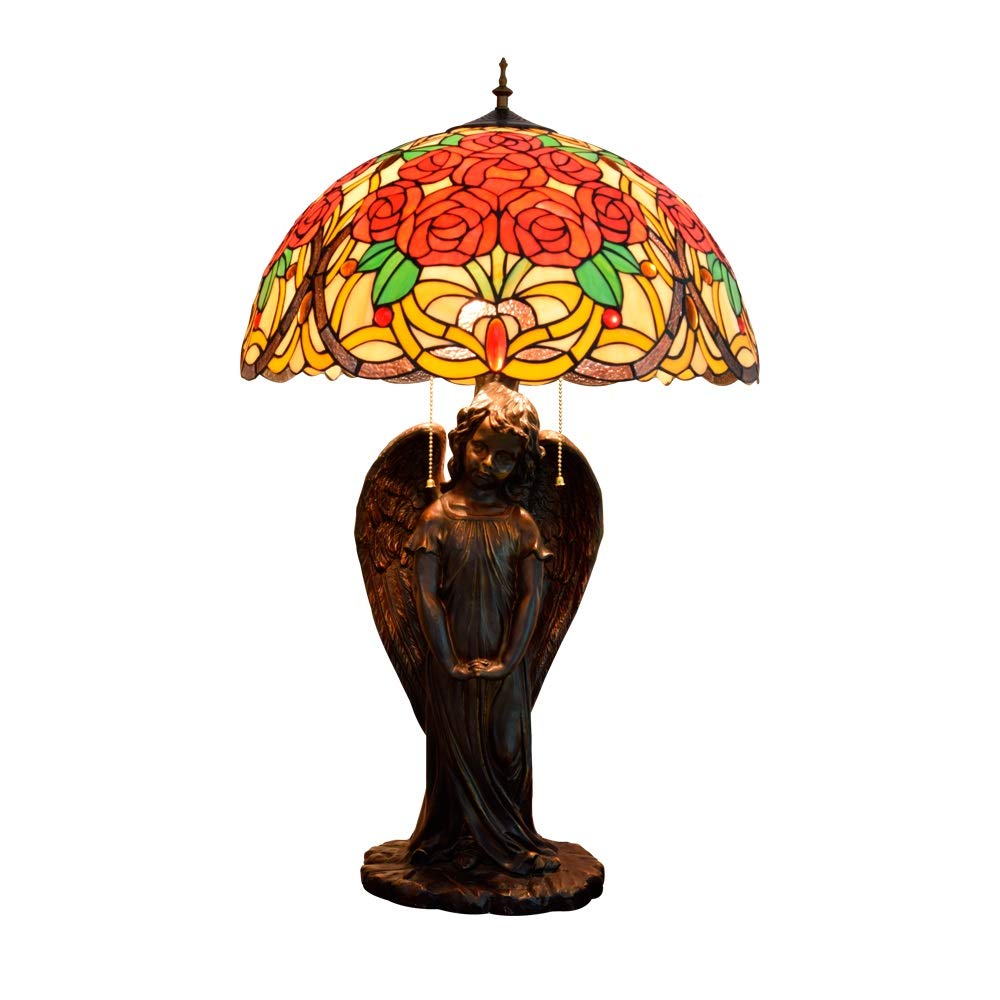 Aioneer Tiffany Showy Red Rose Glass Desk Lamp Angel Lamp Holder For Hotels Bars Restaurants Study Living Room Bedroom Room
