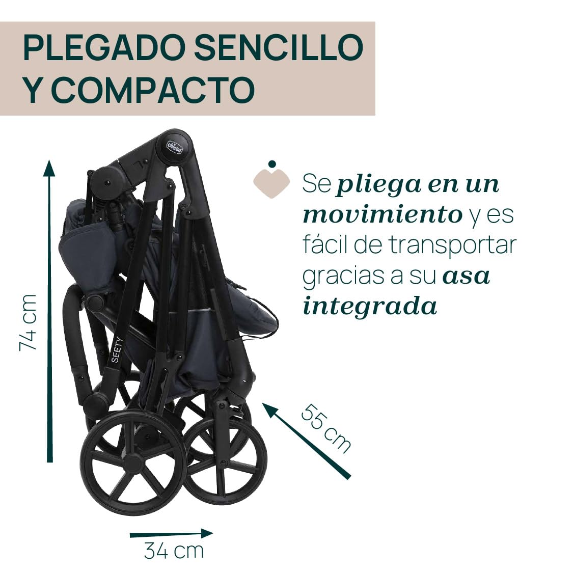 Chicco Trio Seety - Cochecito Seety con chasis ultraligero, capazo ancho acolchado y asiento de coche Kory Essential I-Size, sistema modular ligero y compacto, de 0 meses a 4 años