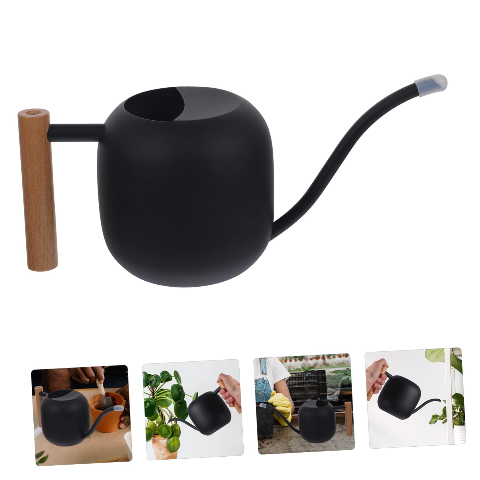 Regadera de Largo 1, 2 L de Acero Inoxidable Mango de Madera | Negro, Asa Ergonómica y Vertido sin Derrames, para Plantas y Suculentas en Casa o Jardín