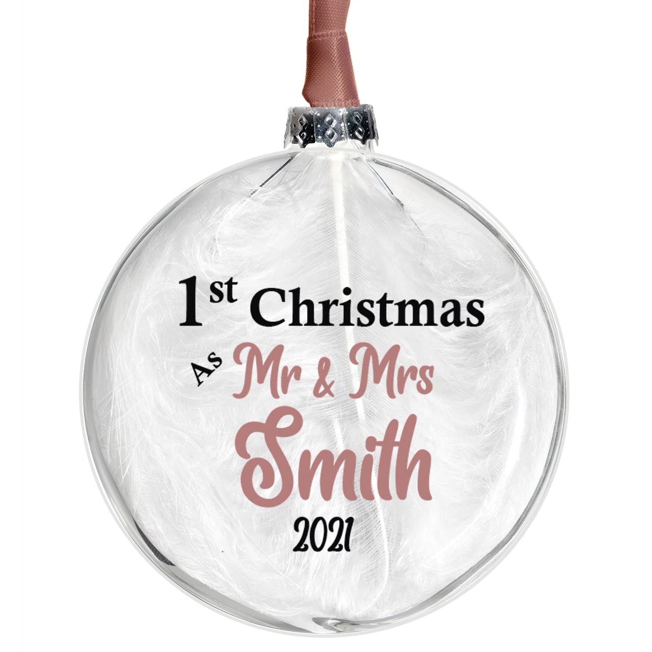Personalised First Christmas As Mr And Mrs Glass Bauble In 10 Colours Unique 1st Christmas Wedding Gift Mr And Mr Or Mrs And Mrs (ROSE GOLD)