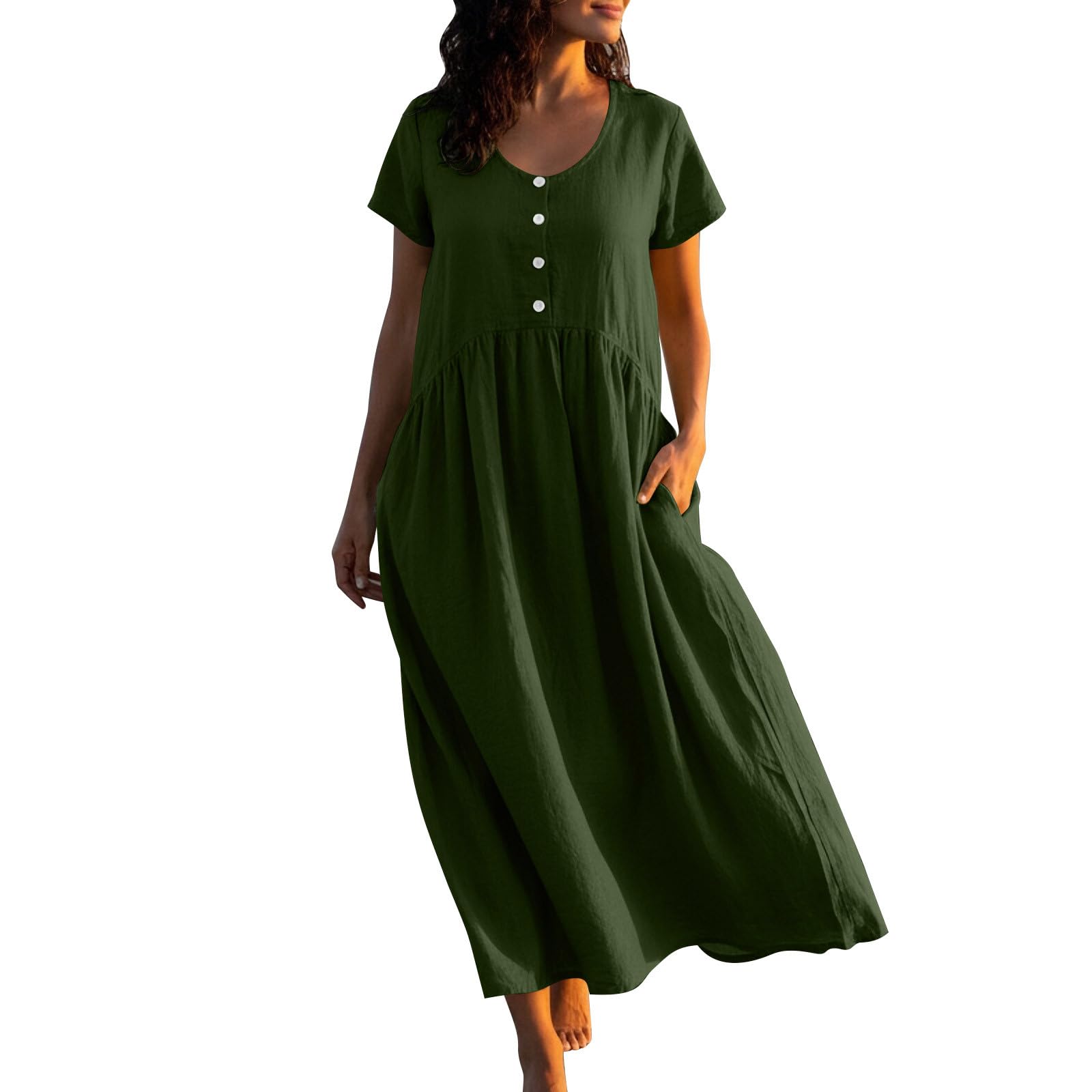 Aopir Women's Boho Beach Cotton Linen Dress Loose Flowy Short Sleeve Midi Soft Breathable Bohemian Summer Dresses
