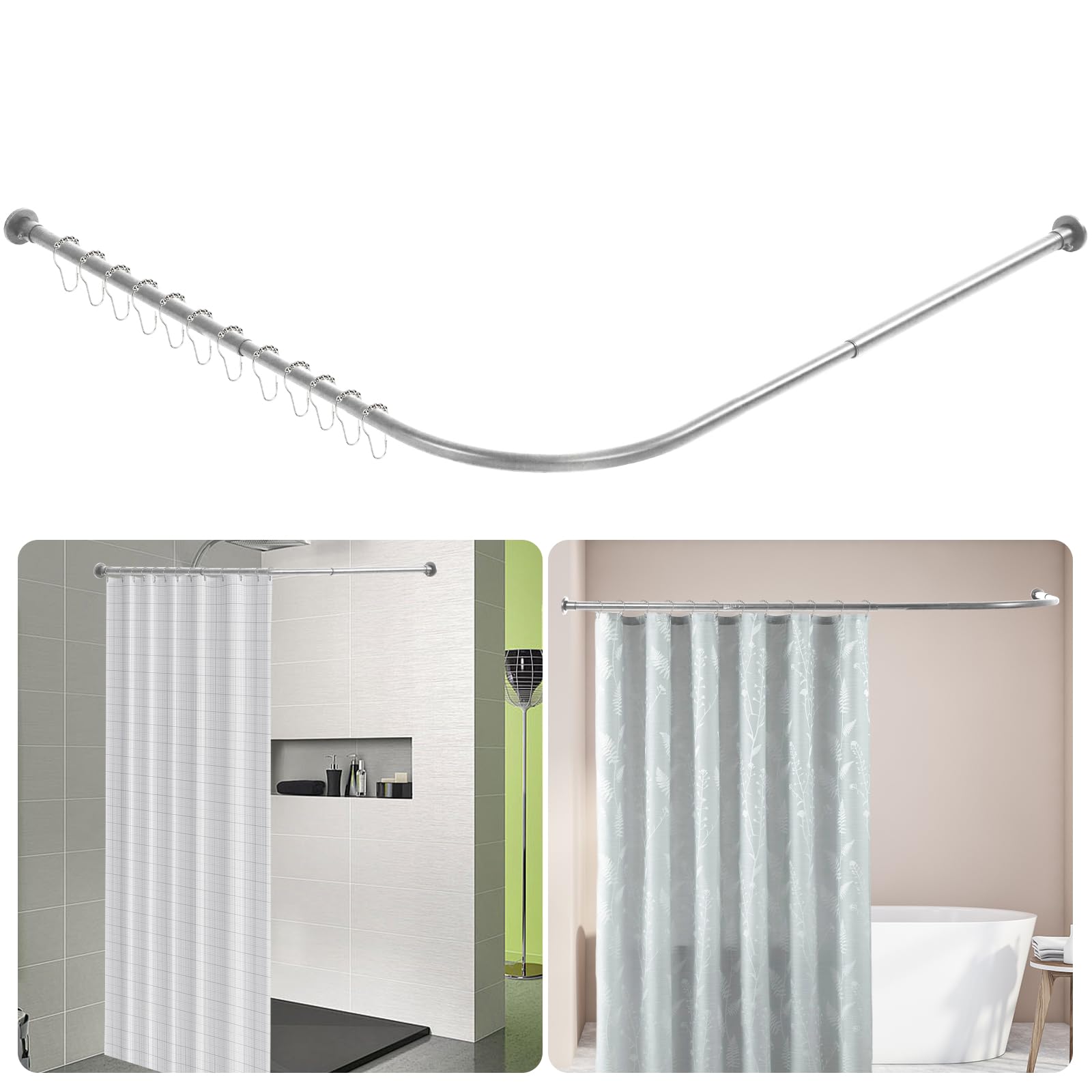 Btstil Shower Curtain Rail L Shape, Adjustable Corner Shower Curtain Rod, Wall Mounted 304 Stainless Steel Curved Shower Rail With 12 Rings for Bathroom Bathtubs (Silver, 68-138cm x 68-138cm)
