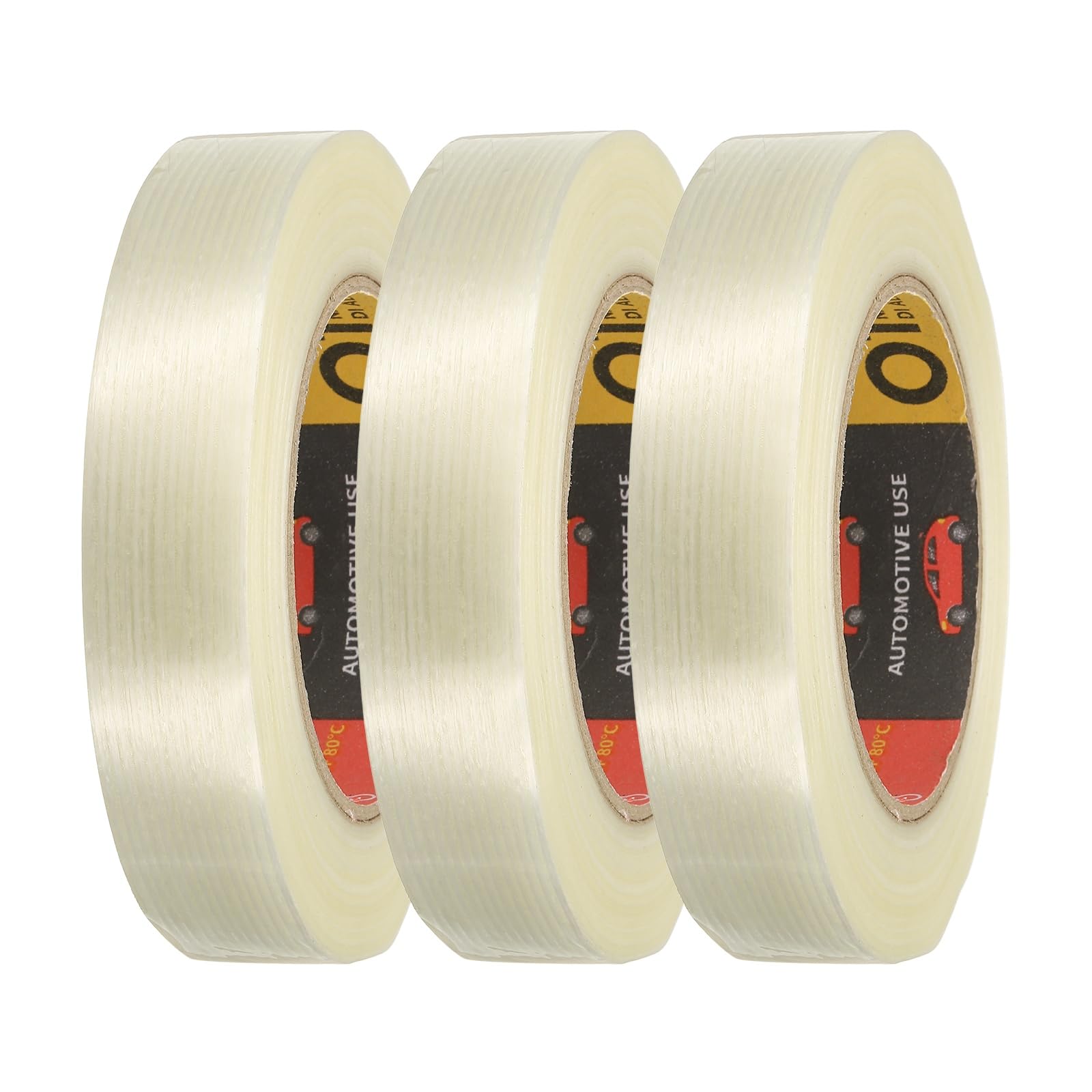 sourcing map 3 Rolls Filament Strapping Tape, 24 mm x 50 m x 0.15 mm Heavy Duty Fiberglass Striped Reinforced Packaging Clear Waterproof Adhesive Tape for Packaging, Moving, Home Use