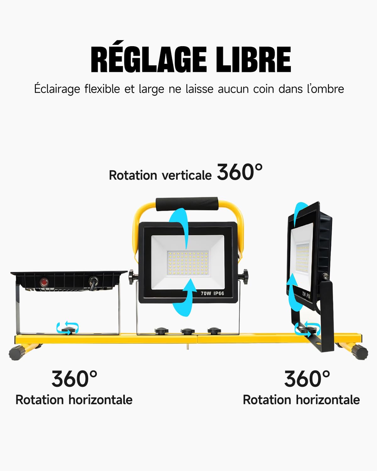 210W Projecteur LED Chantier avec Trépied, 20000LM, 3 Têtes Orientables, Câble 5m, IP66 Étanche, Lampe de Travail Pliable pour Extérieur, Chantier, Réparation Auto & Urgences