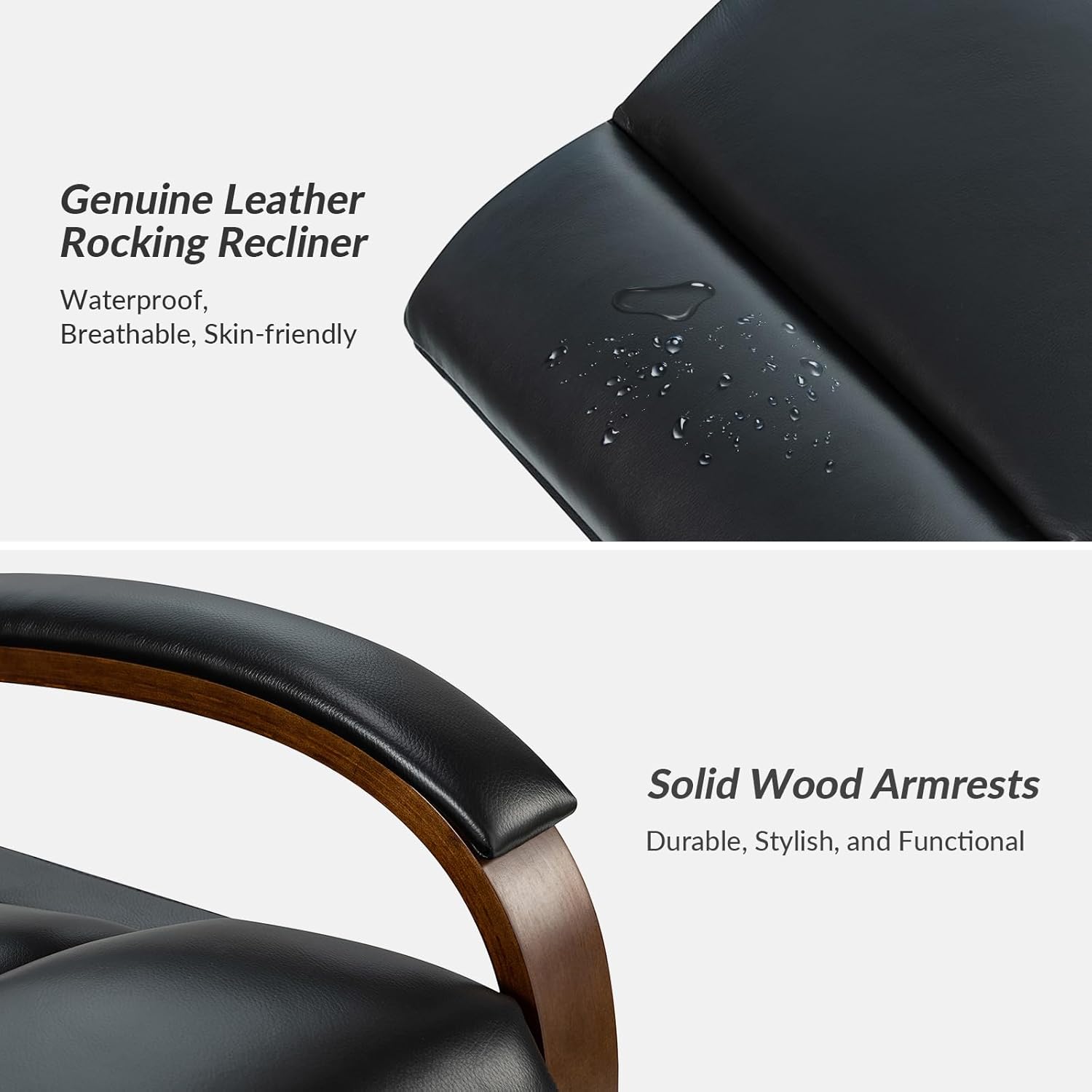 HULALA HOME Genuine Leather Recliner Chair, Rocking Swivel Recliner Sofa, Manual Glider Recliner Chair with Adjustable Backrest & Footrest, Black