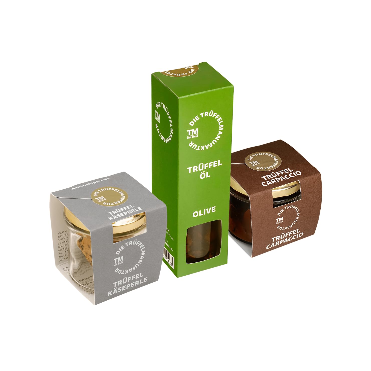 Die Trüffelmanufaktur - “Chefkoch” Trüffel 3er Feinkost Geschenkset - Die Grundausstattung für Trüffelliebhaber - Je 1 Stück: Trüffelperle 60g, Trüffelöl “Olive” 90ml, Trüffel-Carpaccio 30g
