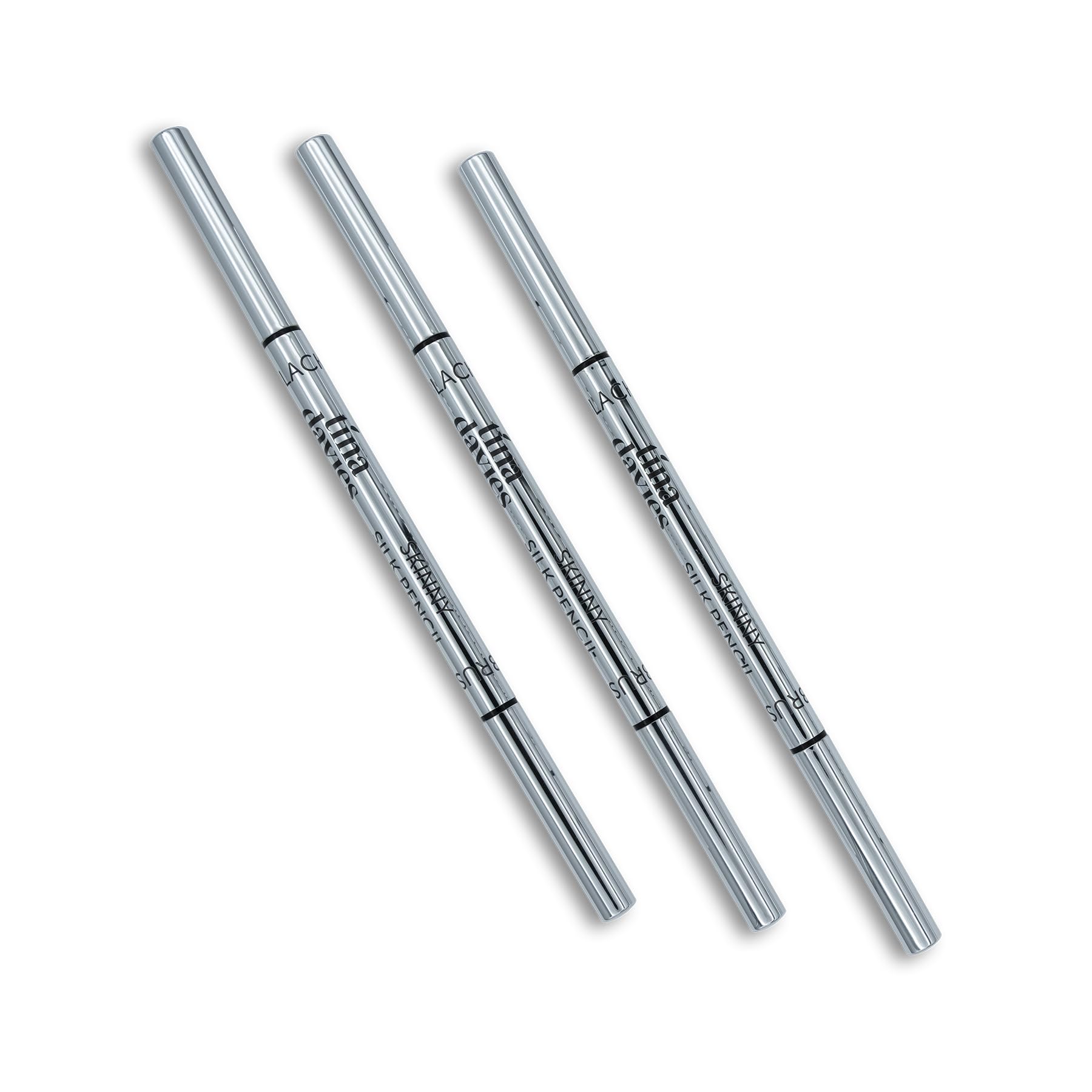 Tina Davies Skinny Silk Pencil - Pre-Draw Eyebrow Pencil for Microblading - Retractable Tip with Spoolie - Smooth Brow Pencil - Black, 3 Pack
