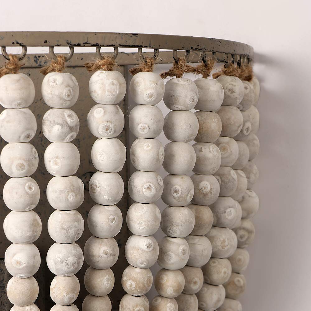 2 Pack Vintage Wood Bead Wandleuchte Grau Weiß Finishing Retro Antik mit Festverdrahtet für Schlafzimmerarmaturen | Retro Antik mit Festverdrahtet für Schlafzimmerarmaturen