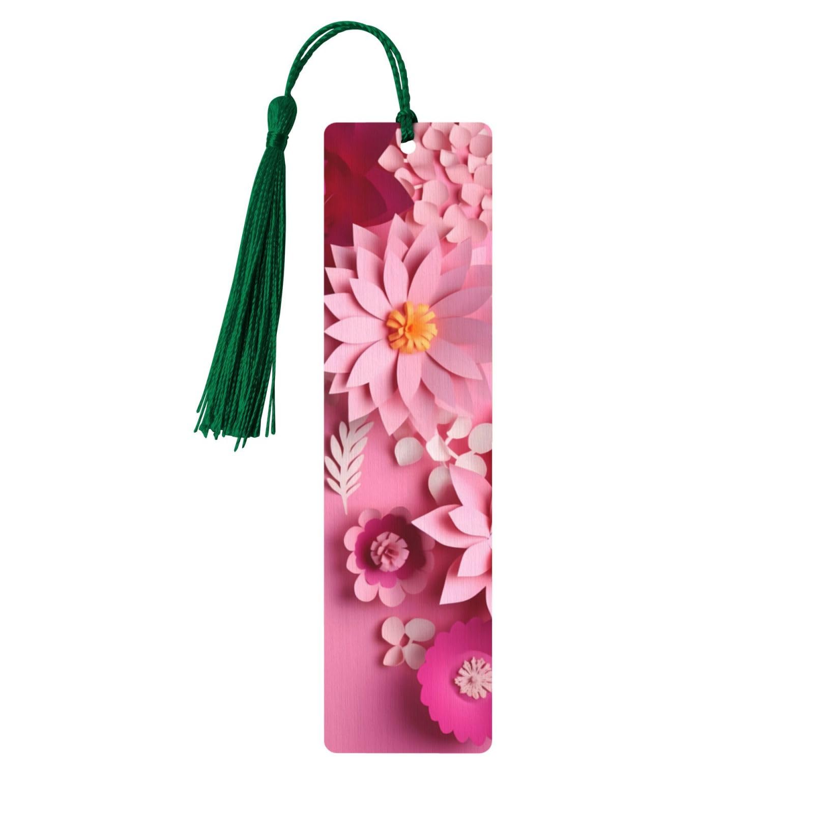 Flowers Romantic Love Double-Sided Print Flowers Romantic Love Bookmarks Wooden Book Marks with Dark Green Tassel, Happy Mother's Day Lightweight Page Markers Book Lovers Gifts — image 1