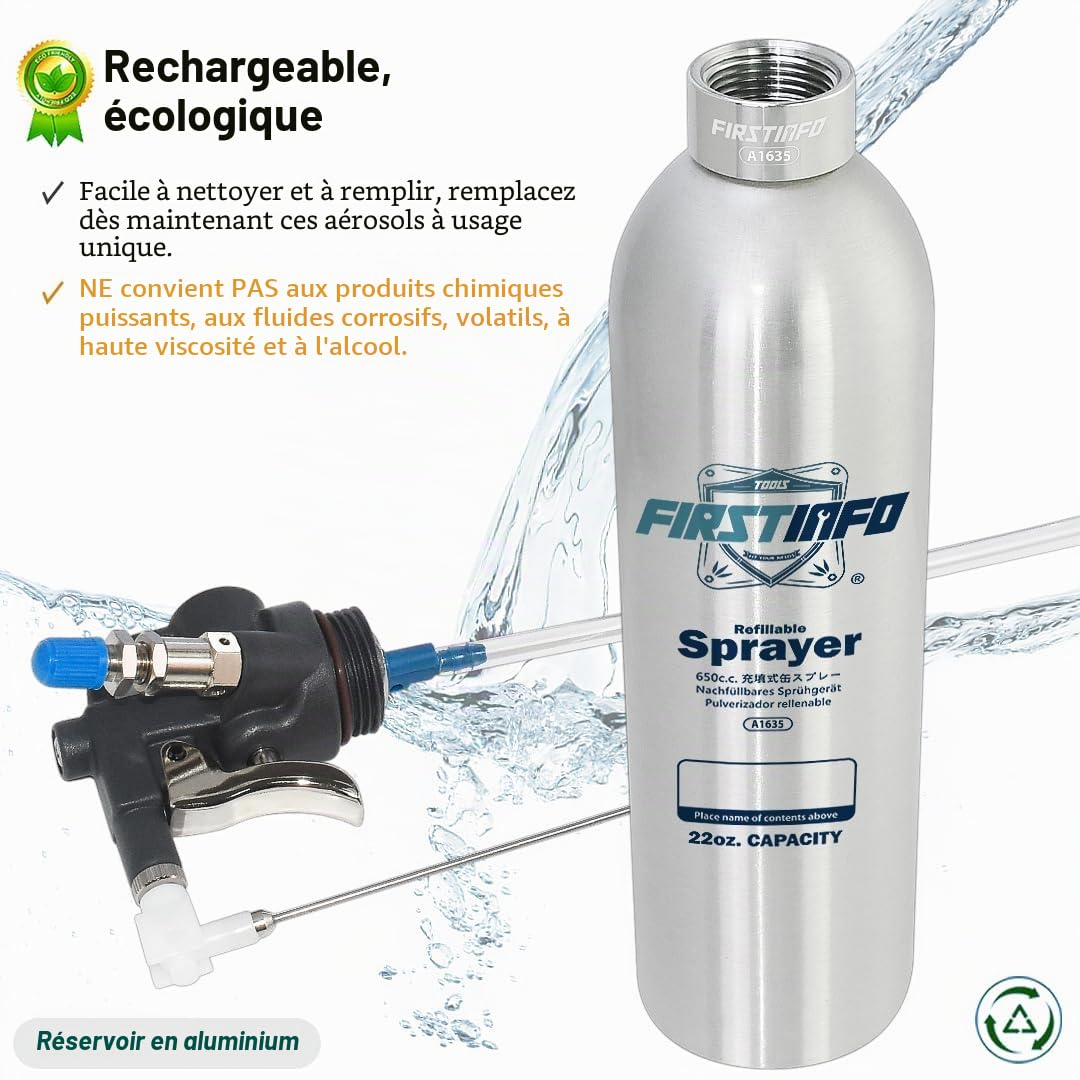 Firstinfo A1635 breveté Pression maximale 140 psi / 650 ML (22 US FL. oz) Bidon en Aluminium épais Rechargeable Haute Pression Aérosol Pulvérisateur pneumatique à air comprimé