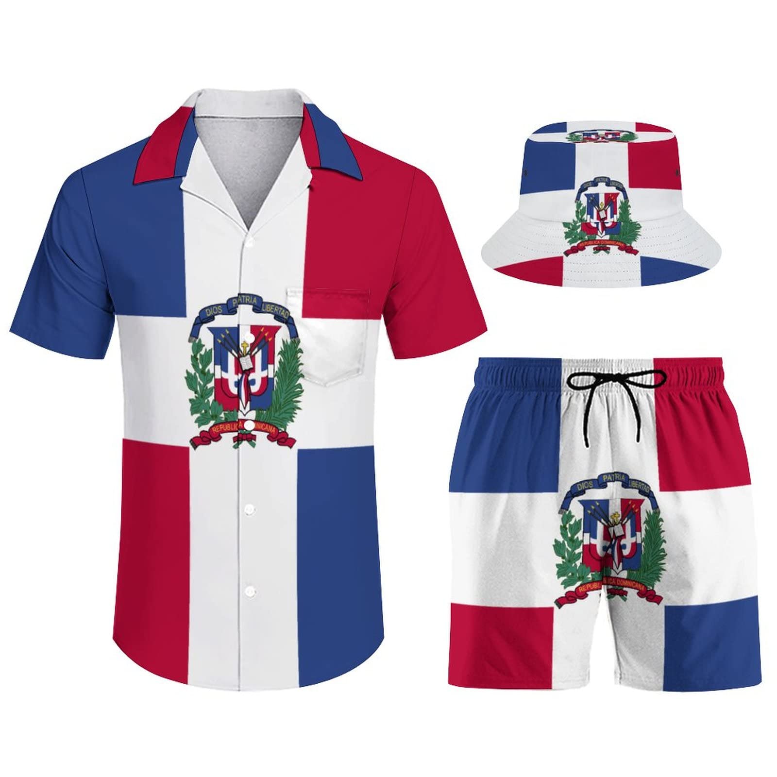 Adugen Origei Summer Combo Men's Two Piece Matching Sets Jamaica Fisherman's Hat Beach Suit Button-Up Shirt Hawaiian Shirt