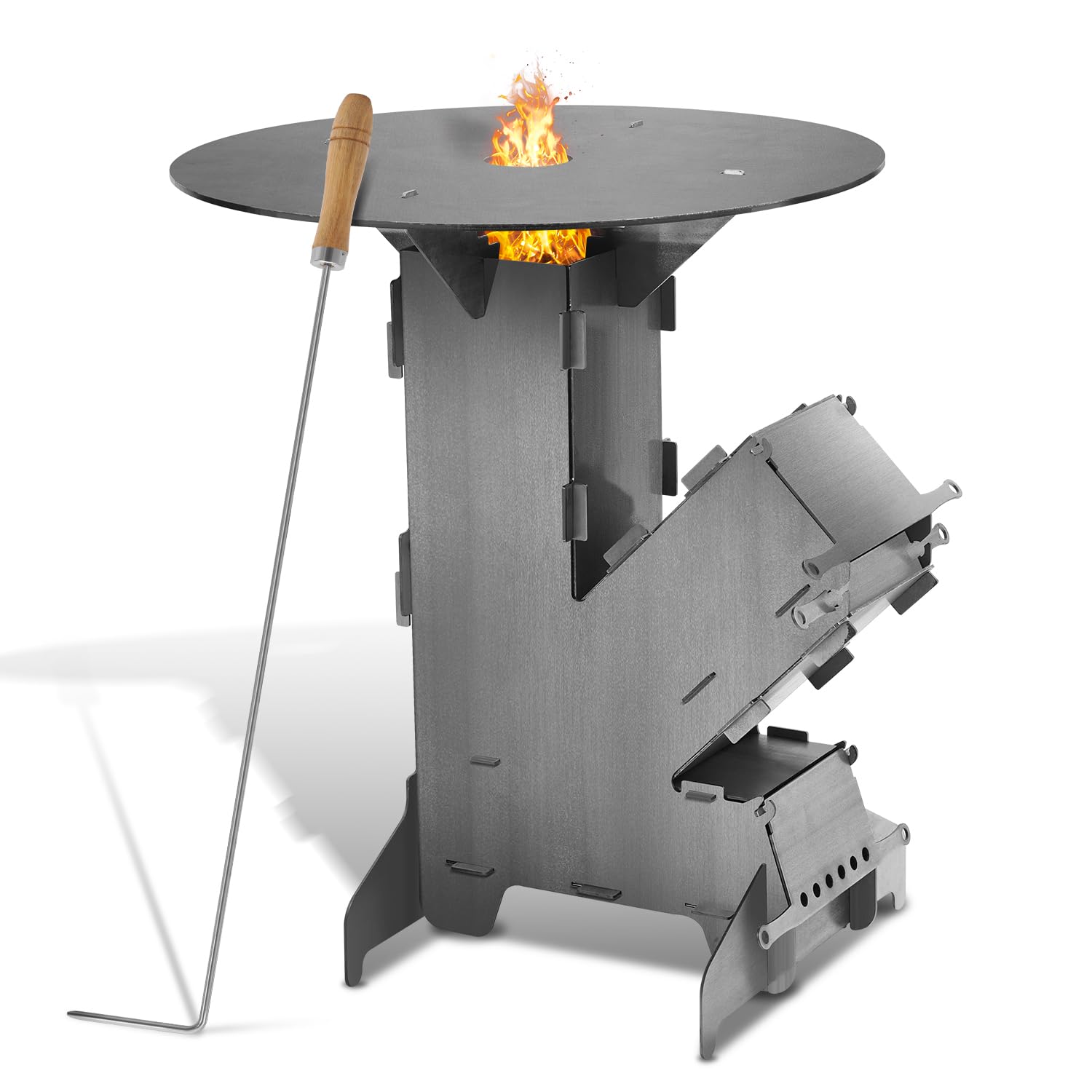 Piec rakietowy z płytą grillową i hakiem ogniowym, system wtykowy Rocket Stove ze stali o grubości 3 mm, piec armatni z 2 dodatkowymi nóżkami, kuchenka kempingowa, piec na drewno do użytku na