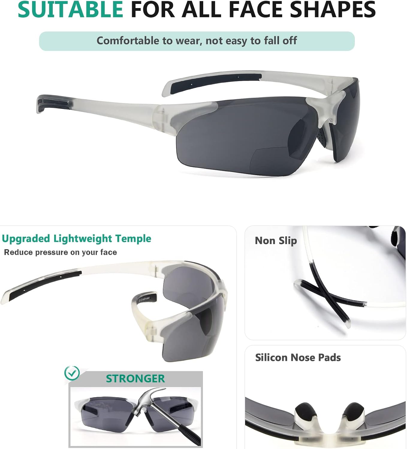 Eyekepper TR90 Unbreakable Sports Half-Rimless Bifocal Sunglasses Baseball Running Fishing Driving Golf Softball Hiking Clear Frame Grey Lens +2.25