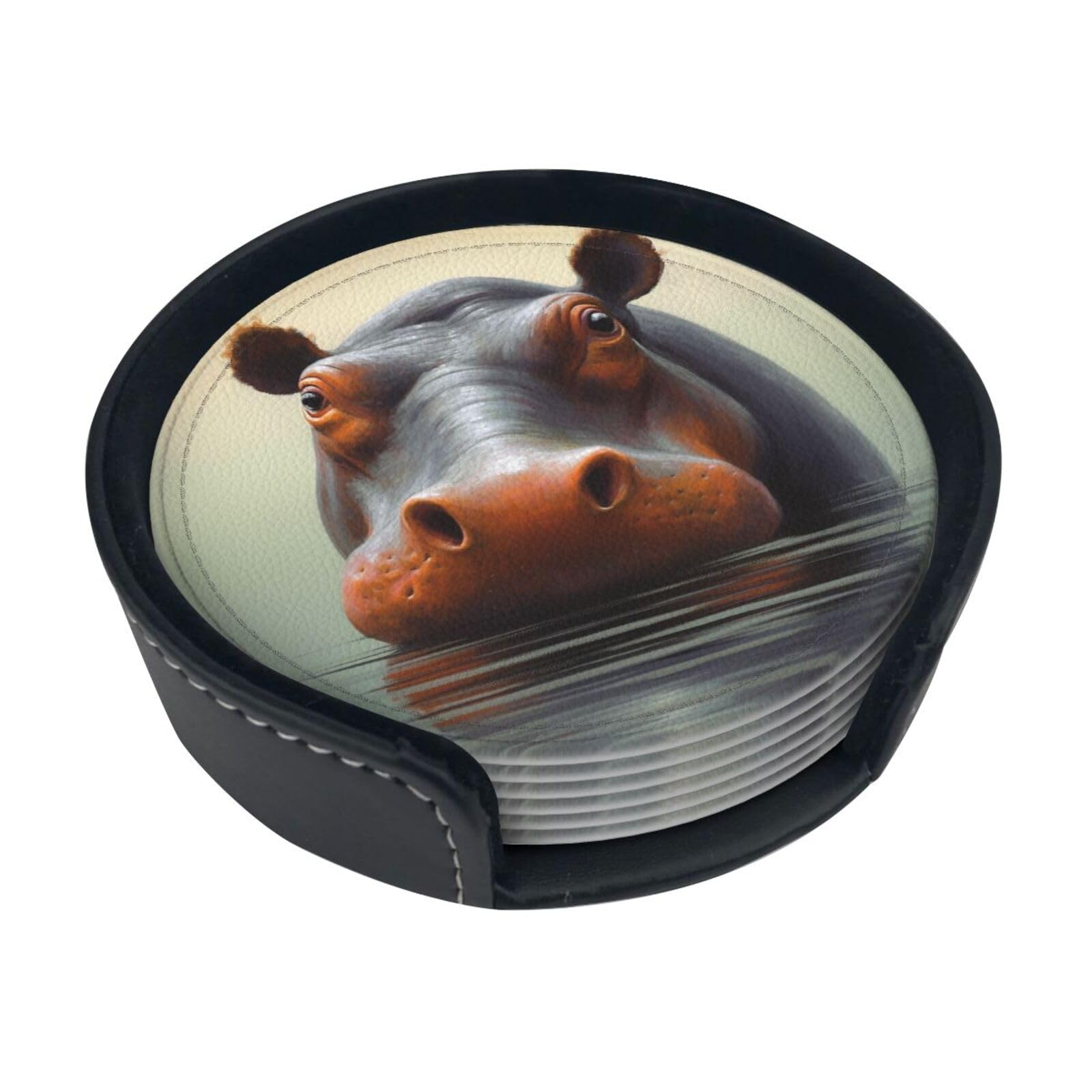 Fodpand White Hippo Drink Coasters Set Of 6 Leather Coasters With Holder Bar Beer Beverage Coaster For Drinks, Absorbent Cup Mat For Tabletop Protection, Housewarming Gift