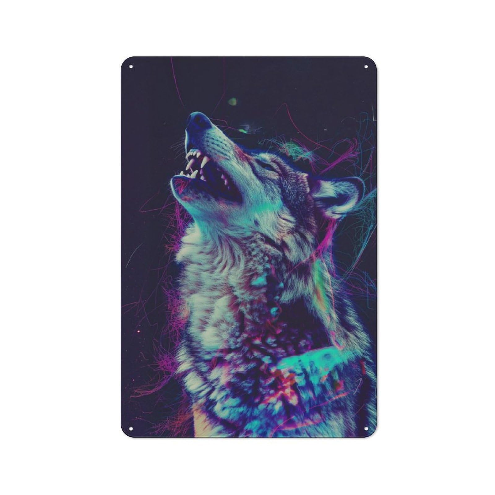 Junmoney Neon Glitch Wolf Metal Plaque 30X20cm With For Pub Or Café, Rustic Decor, For Garage, Workshop And Man Cave Decoration