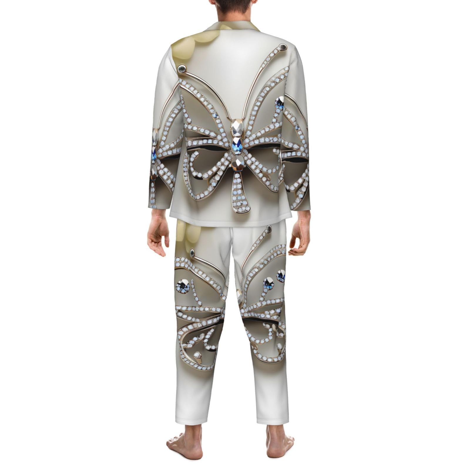 Conjunto de pijama de manga larga para hombre, diseño de mariposa y flores con diamantes de imitación, transpirable, cómodo