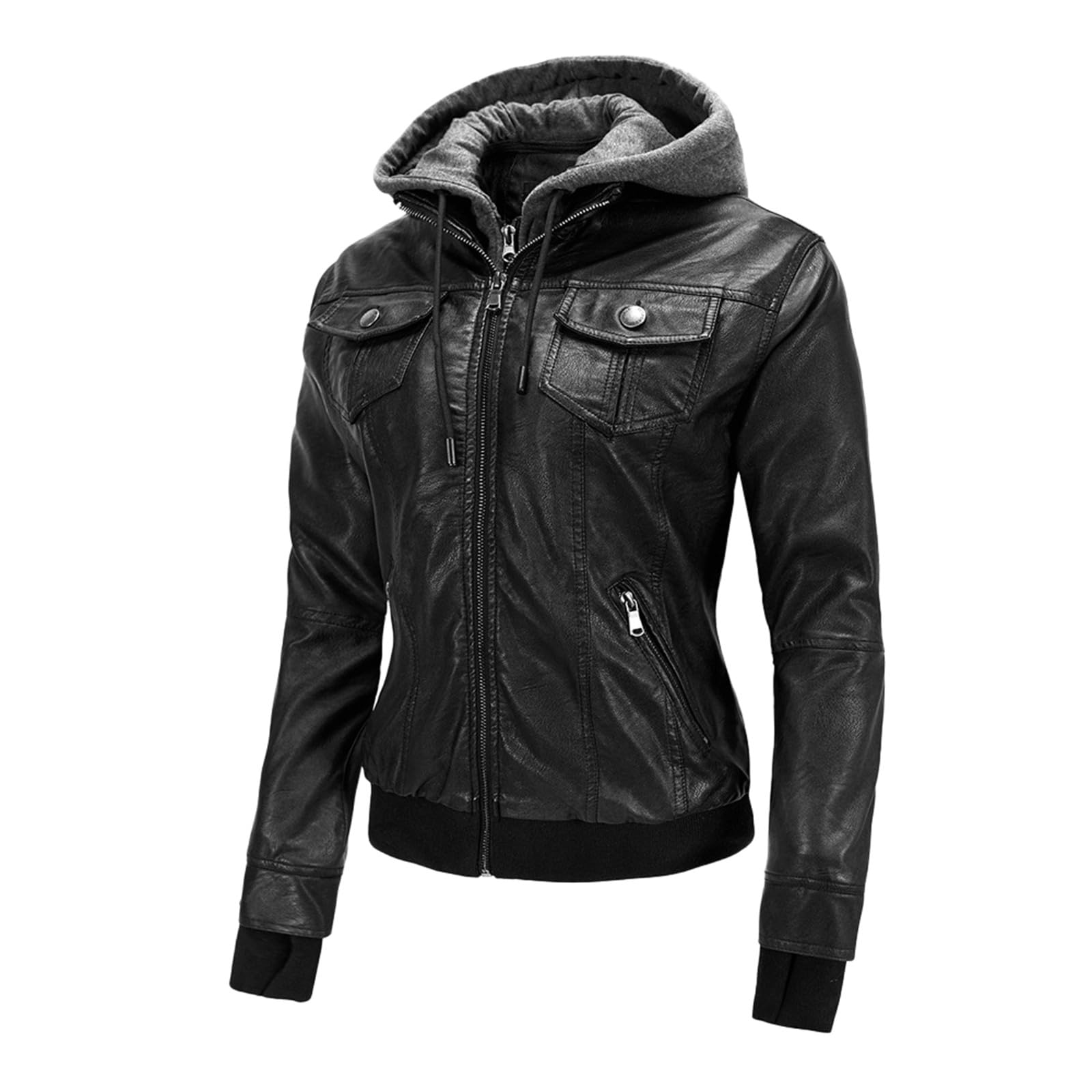 Damen Herbst/Winter Lederjacke Kurz Cropped Hoodie Abnehmbar Gefüttert Moto Jacke Frauen Übergröße Pullover Mantel