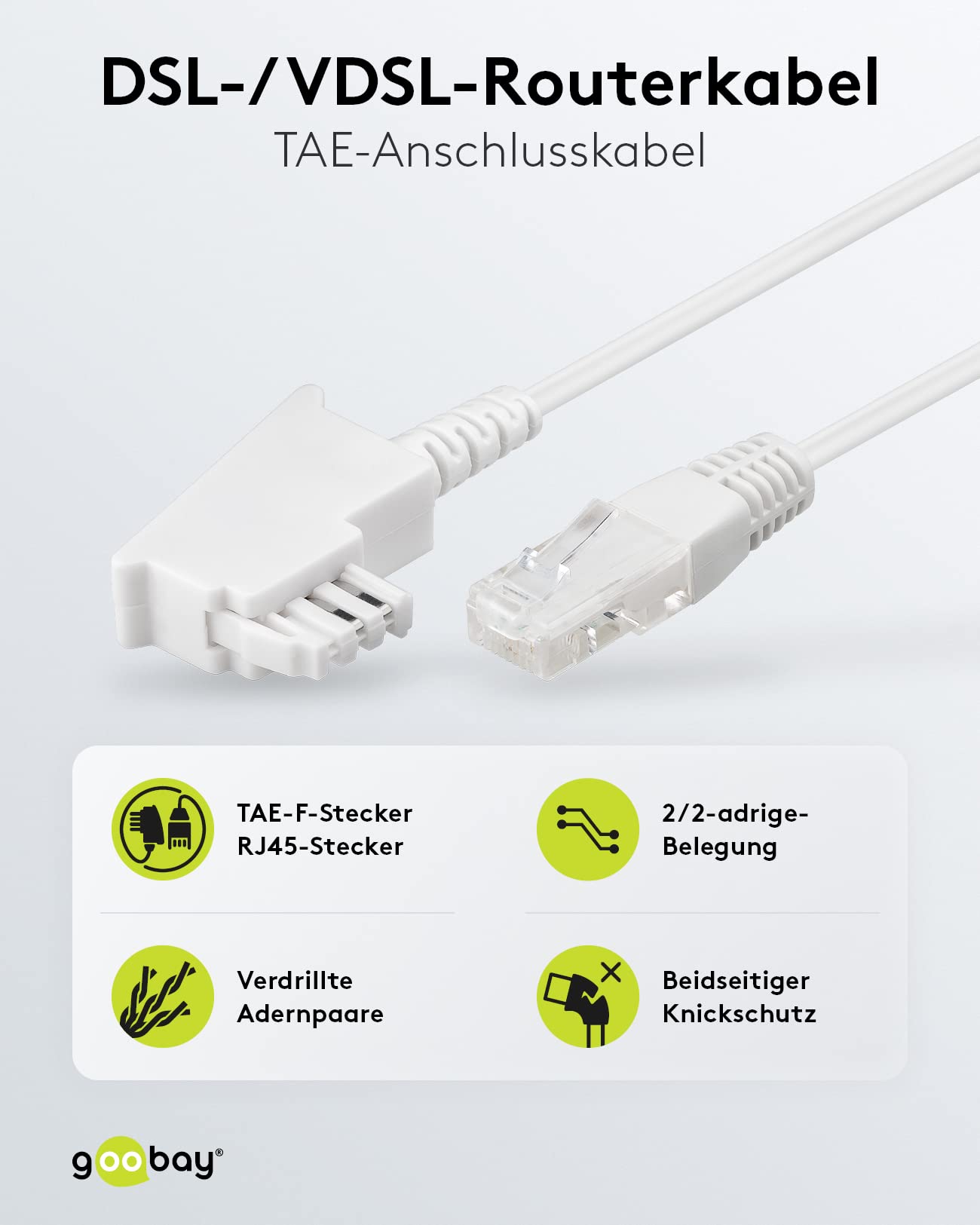 Cavo Router Goobay 60666 – Cavo Telefonico DSL/ADSL/VDSL 2 Metri – Spina TAE-F A RJ45 (8P2C) – Bianco, Compatibile FritzBox E Speedport - 2
