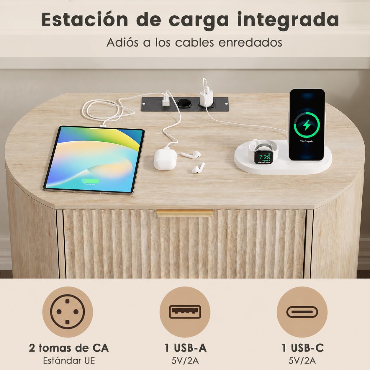ZKIODV Ovalada Mesita de Noche con Enchufes, LED Mesita de Noche con 3 Cajones, Moderna Mesilla de Noche Grande, iluminación LED 3, USB y USB-C, Mesilla Madera Dormitorio, 65 x 80 x 45 cm (Roble)