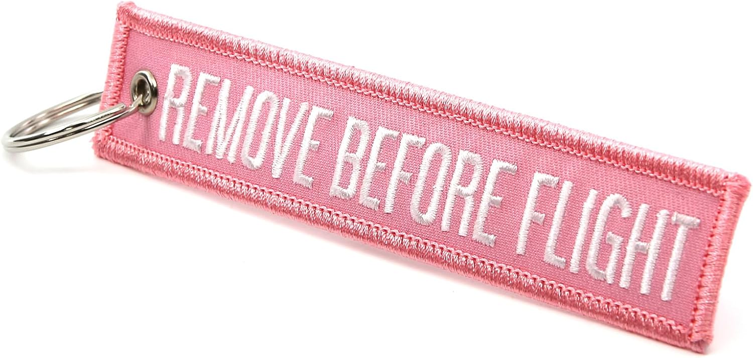 Rotary13B1 REMOVE BEFORE FLIGHT Keychain - Jet Tag Key Chain PINK with white Letters 1 inch x 5 inches -100% Embroidered