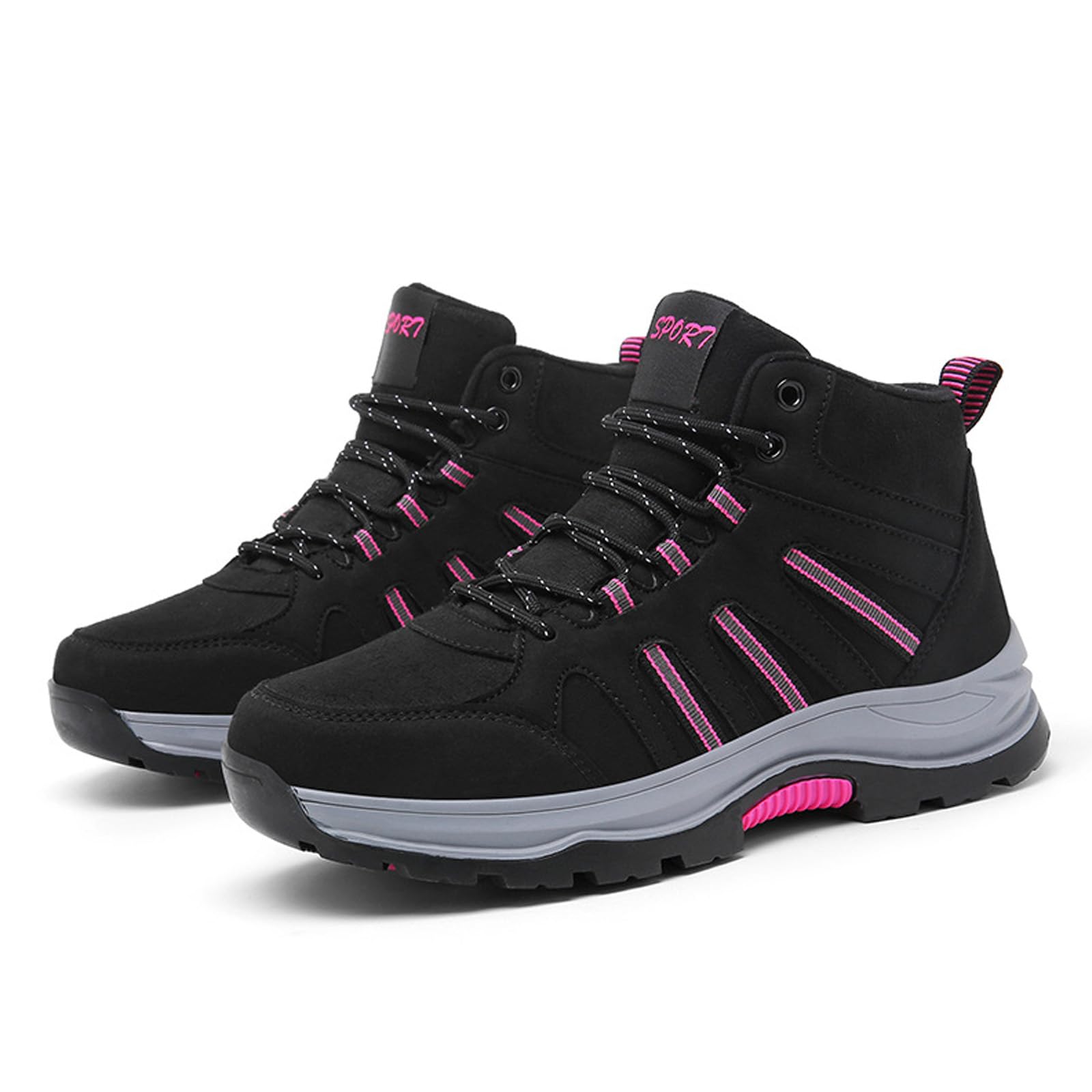 Womens Leather Warm Fur Lined Lug Sole Hiking Boots Lightweight Comfortable Anti-Slip Lace Up High Top Platform Soft