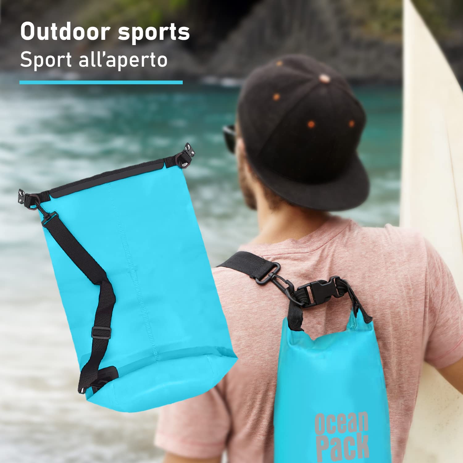 Dry Bag, Borsa Sacca Zaino Impermeabile Waterproof, chiusura a rotolo e tracolla, custodia impermeabile per cellulare e marsupio per Mare Barca Pesca Rafting Spiaggia Sport Acquatici (Light Blue, 5l)