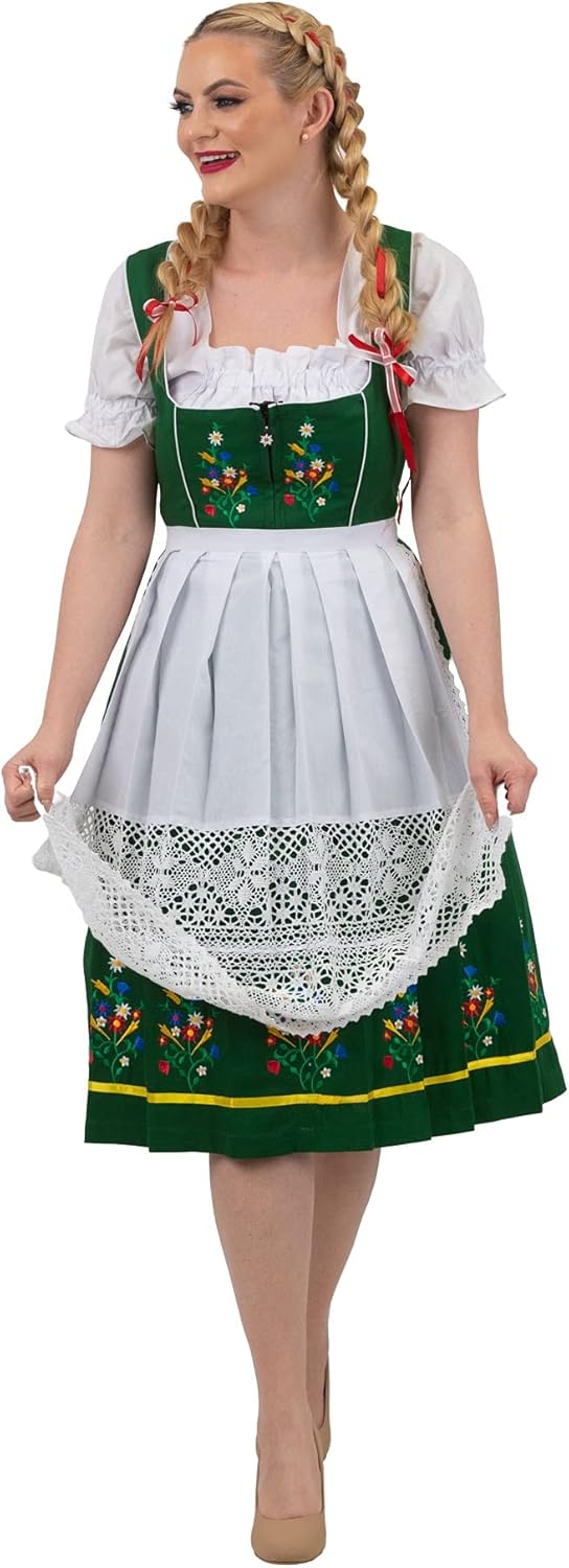 Dirndl Trachten Haus 3-Piece Long Mid Calf Green German Embroidered Oktoberfest Dirndl Dress - Image 2