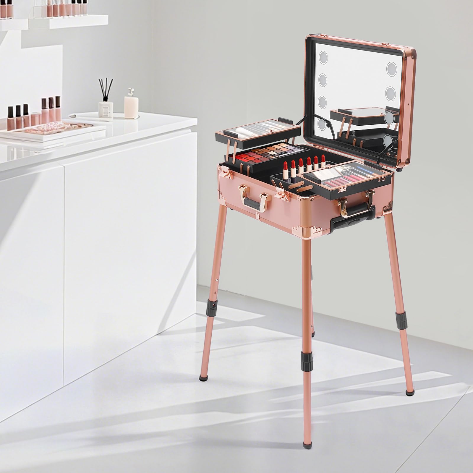 Valigetta cosmetica trolley, con illuminazione e specchio, altezza regolabile e luminosità, per trucchi, beauty case