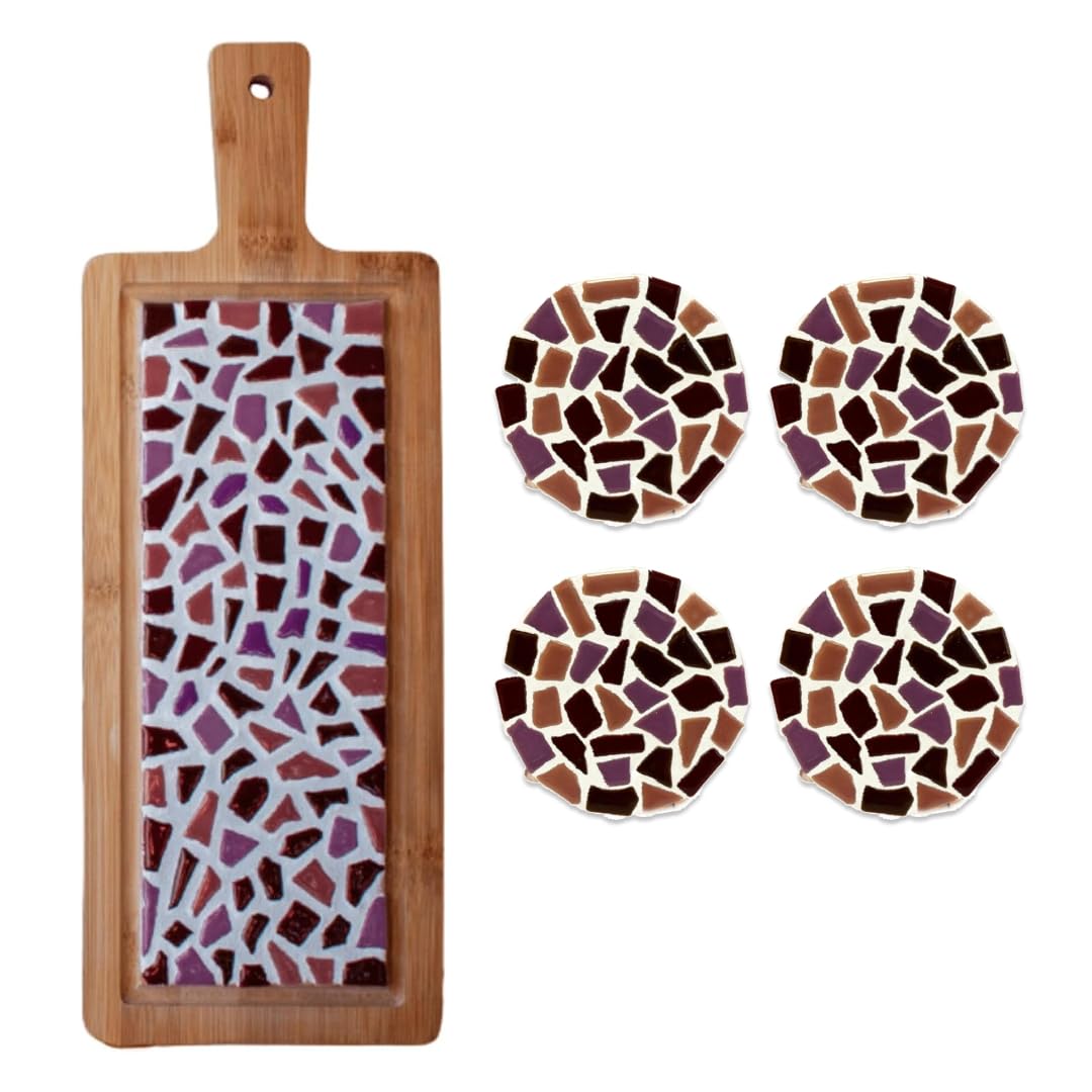 Little Creations - Kit de bricolage mosaïque pour adultes Vieux rose | 1 plateau de service et 4 dessous de verre | Kit complet de pierres de mosaïque et bois | Personnaliser et bricoler soi-même