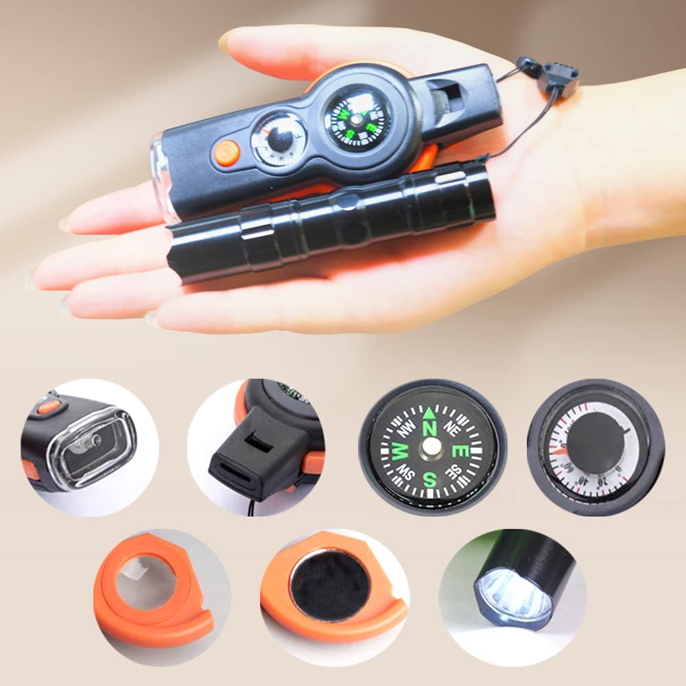 7 In 1 Multi-Function Compass, Outdoor Survival Safety Whistle Compass Thermometer LED Mirror Magnifying Glass Multitool For Camping, Hiking, Hunting, Fishing And Adventure (Orange), Whistles - Canada