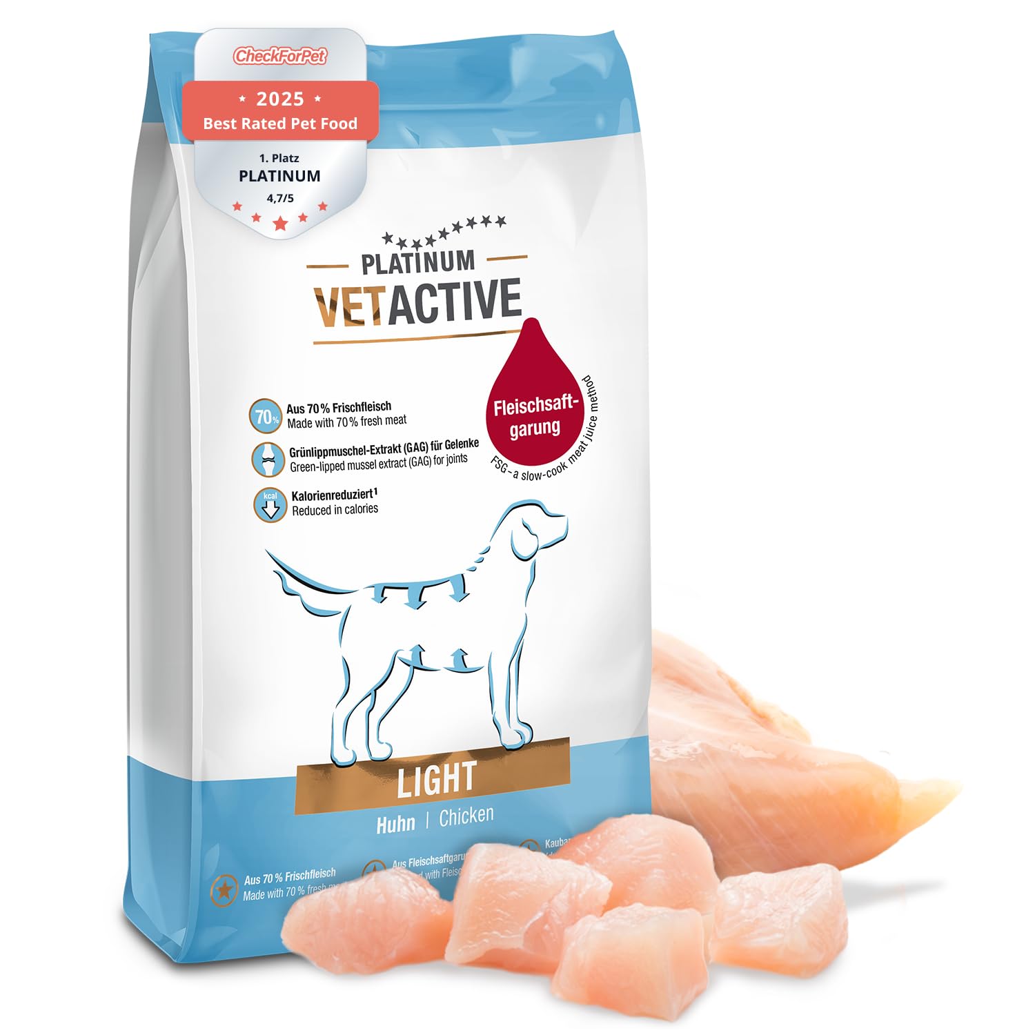 PLATINUM - Hundenahrung VETACTIVE Light aus Fleischsaftgarung - 5kg Hundefutter trocken nährstoffreich wie Barf - besonders schmackhaftes Hundetrockenfutter für Hunde - fett- und kalorienreduziert