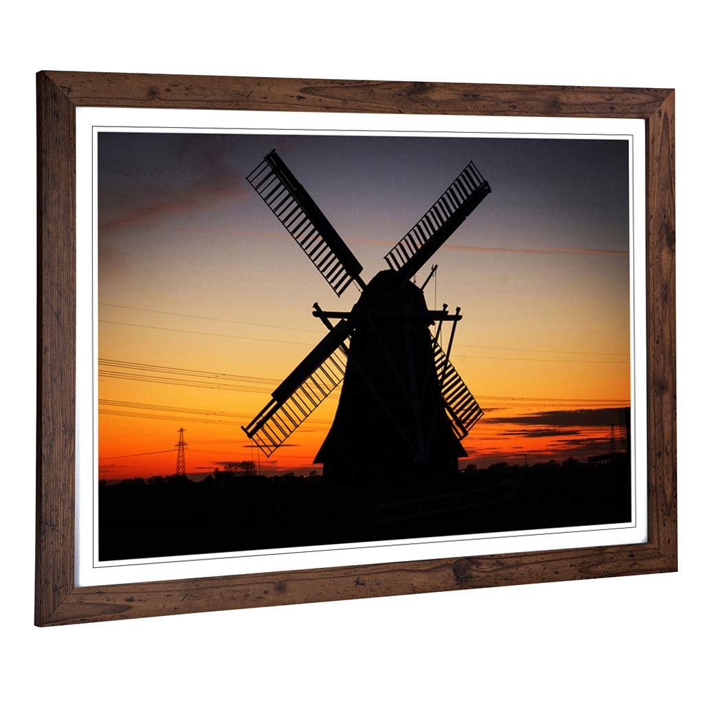 Big Box Art Framed Print of Landscape Windmill Sunset Netherlands Design | Wall Art Picture | Home Decor for Kitchen, Living Room, Bedroom, Hallway, Walnut, A2 / 24.5x18 Inch / 62x45cm