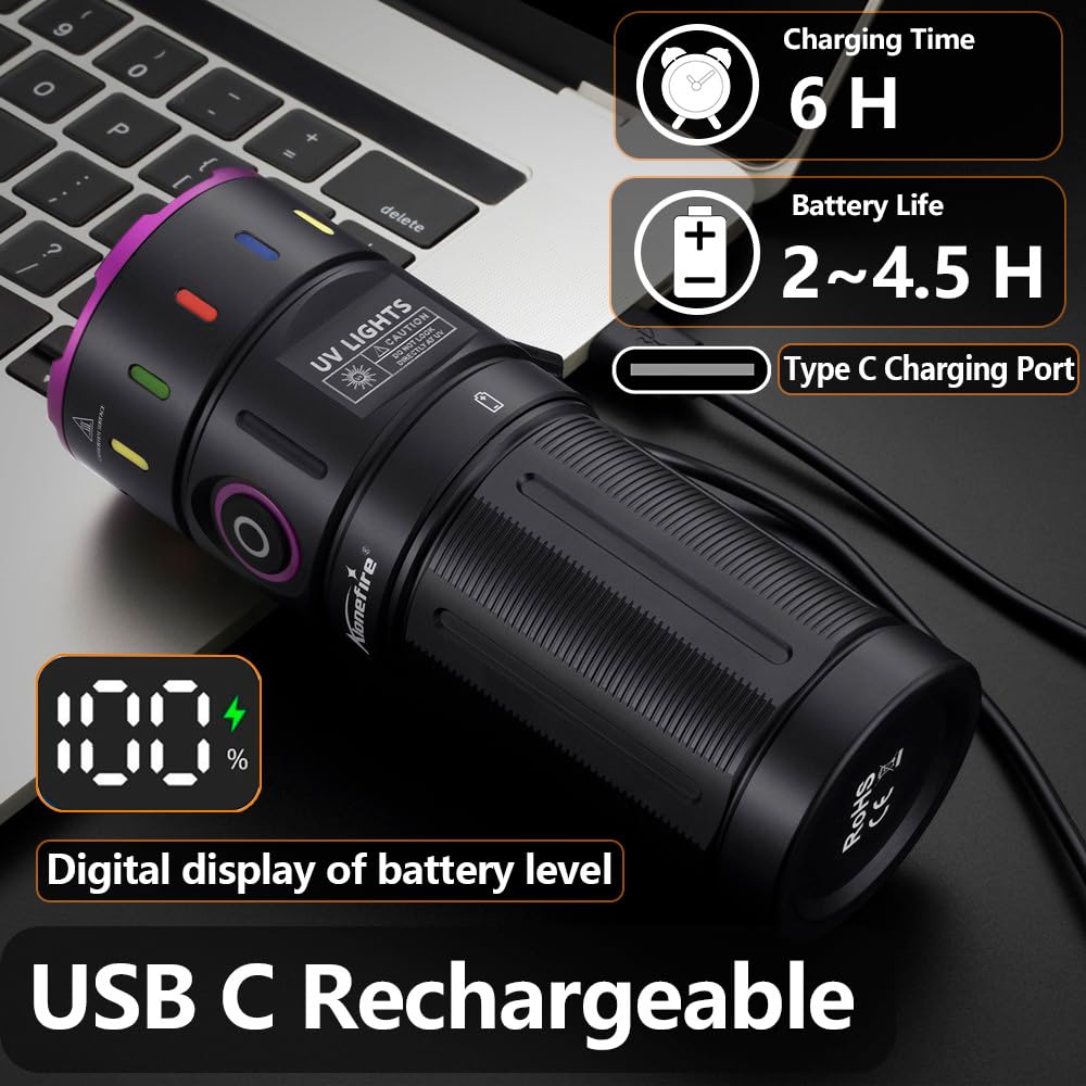 Alonefire SV140 Linterna UV 60W 365nm Profesional Recargable USB C Potente Pantalla Digital Luz Negra para Resina, Pesca, Escorpión, Minerales, Pegamento, Ámbar con Gafas Protectoras UV, Batería