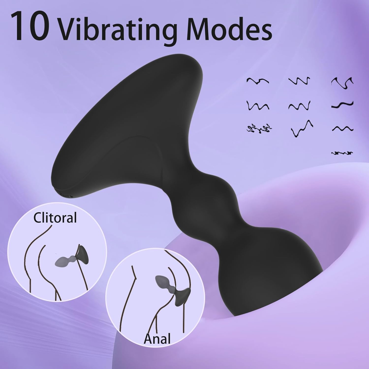 Diagram illustrating 10 vibration modes and suggested application areas for clitoral and anal use.