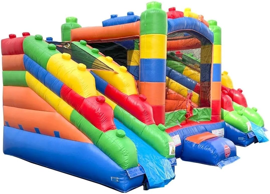 Crossover Building Block Castle Double Water Slide Bounce House Combo, 16.5 x 15 x 11 Foot, PVC Vinyl Inflatable Bouncer for Kids, Removable Pools, Stakes, Storage Bag and 1 HP Blower