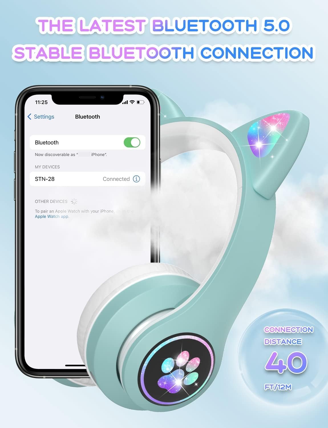 CAT YOWU Wireless Headphones with Microphone, Over-Ear Bluetooth Cat Ear Headphones for Kids and Teens (Purple) 3