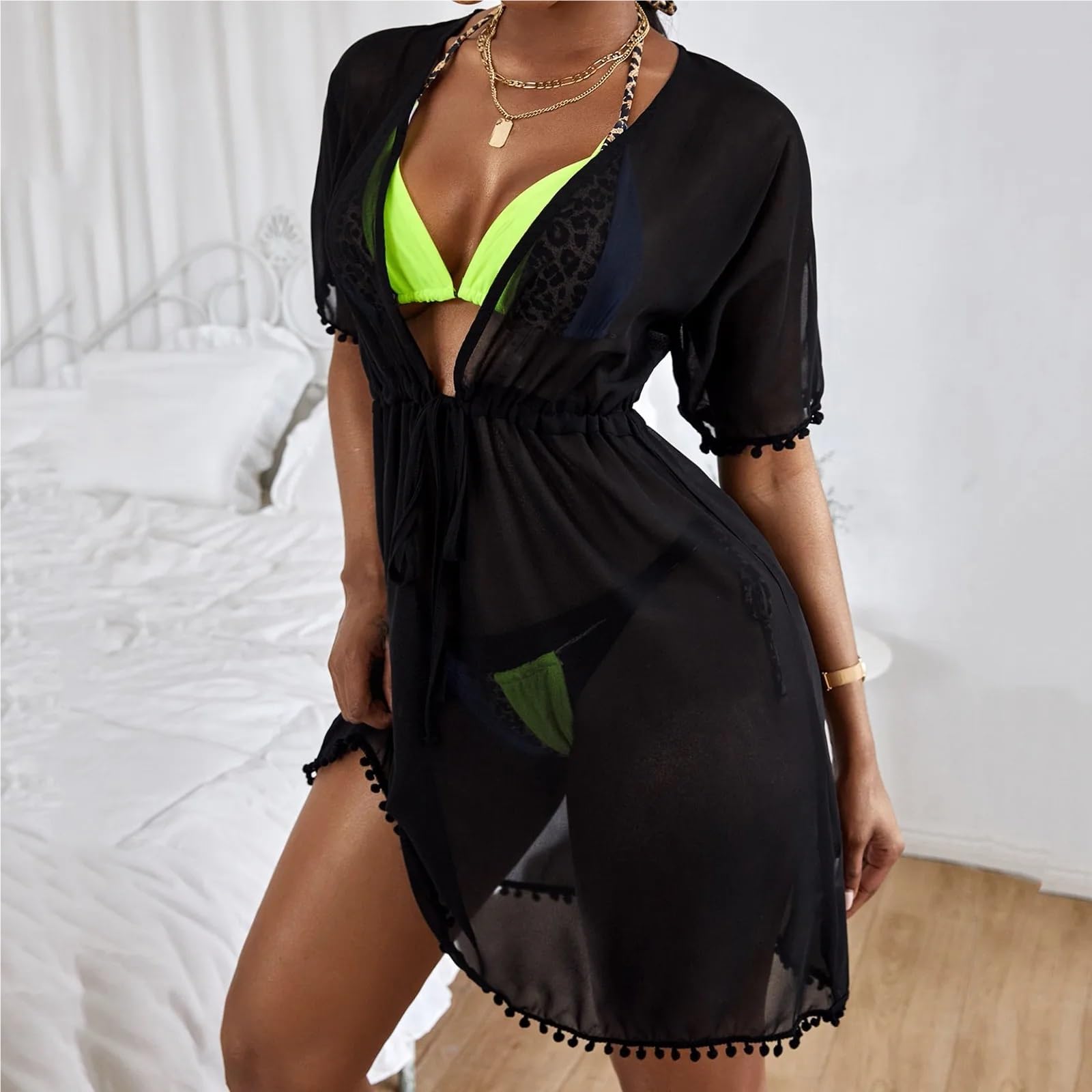 vestidos playa Vestido playero de verano for mujer, con escote en V y manga corta