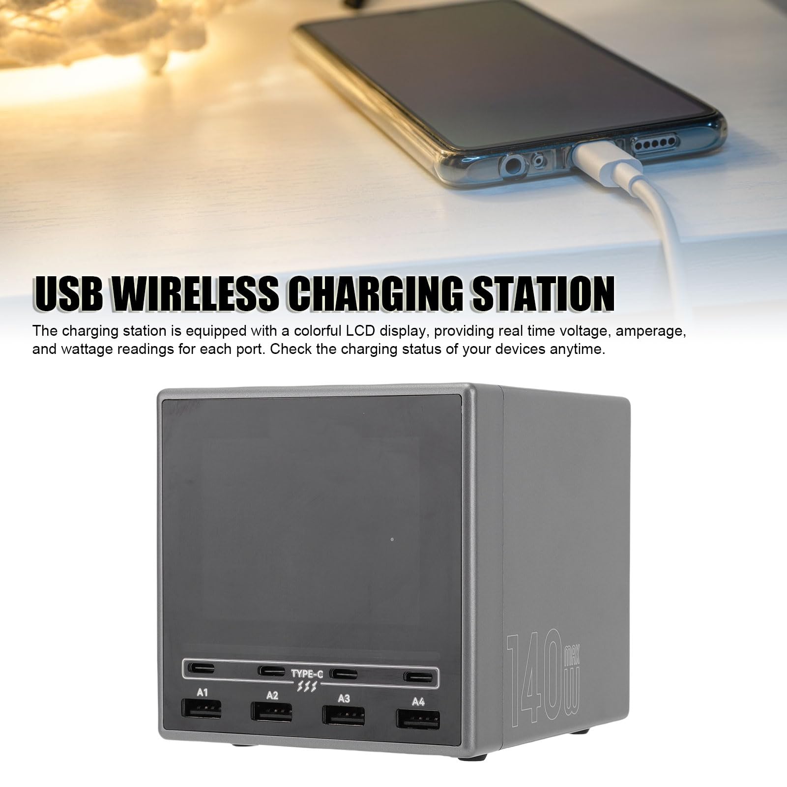 Yosoo Health Gear Stazione di Ricarica Wireless USB da 140 W, Hub Caricabatterie USB A C PD per PC con Display A Colori, Ricarica Rapida A 8 Porte, Pad Wireless da 15 W, per Scrivania, Ufficio,