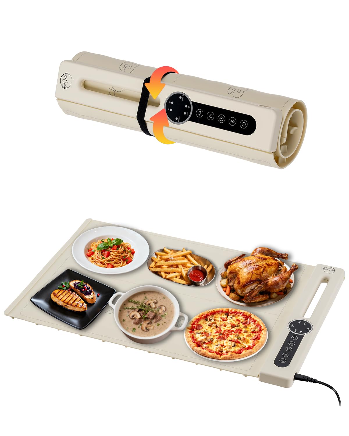 Food Warming Mat, Dual-Zone Heating Mat for Food with 7 Temp & Timer, 10s Fast Heat Flexible Silicone Warmer for Home, Parties, Buffet Serving (Cream-1 PCS)