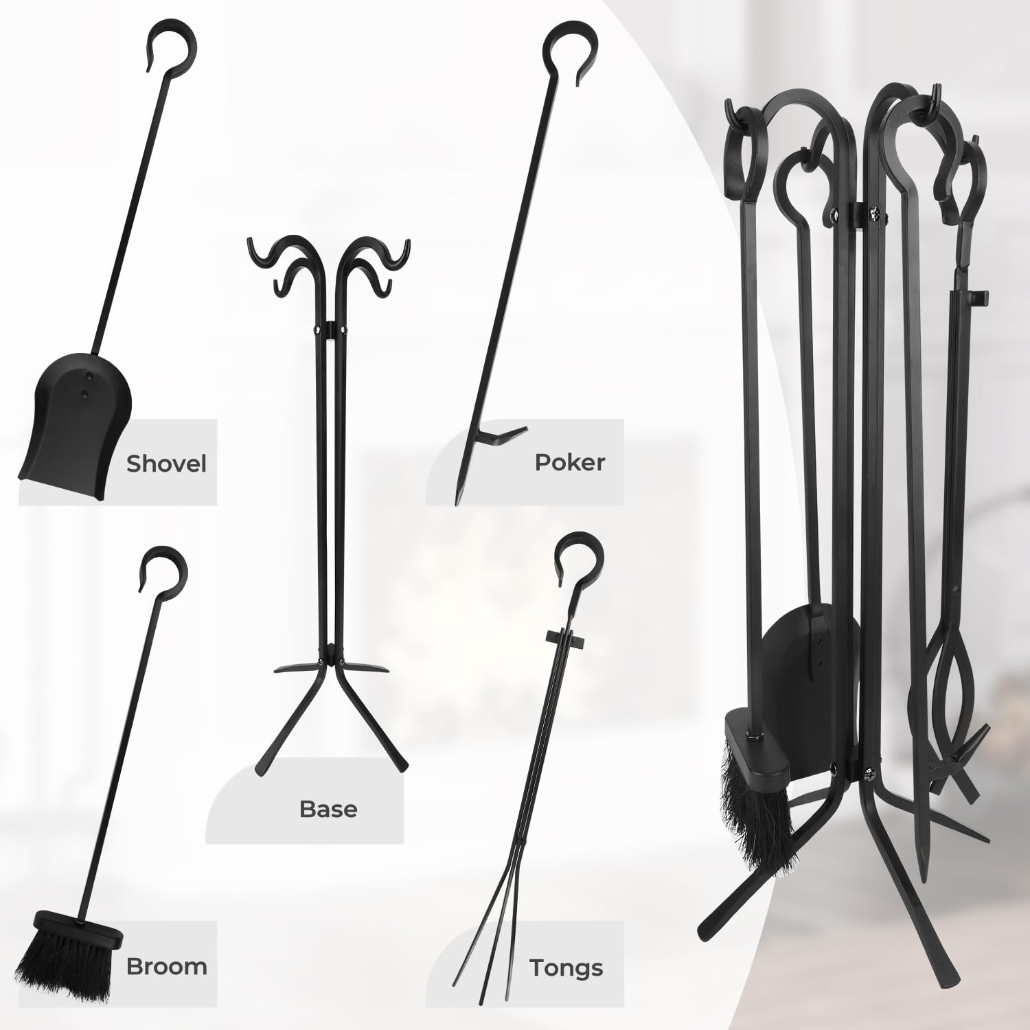 Kaminbesteck aus robustem Stahl, 5-teiliges Set mit Holzzange, Ascheschaufel, Schürbürste und Ständer, langlebig, hitzebeständig und rostfrei, modernes schwarzes Design für den Innen- und