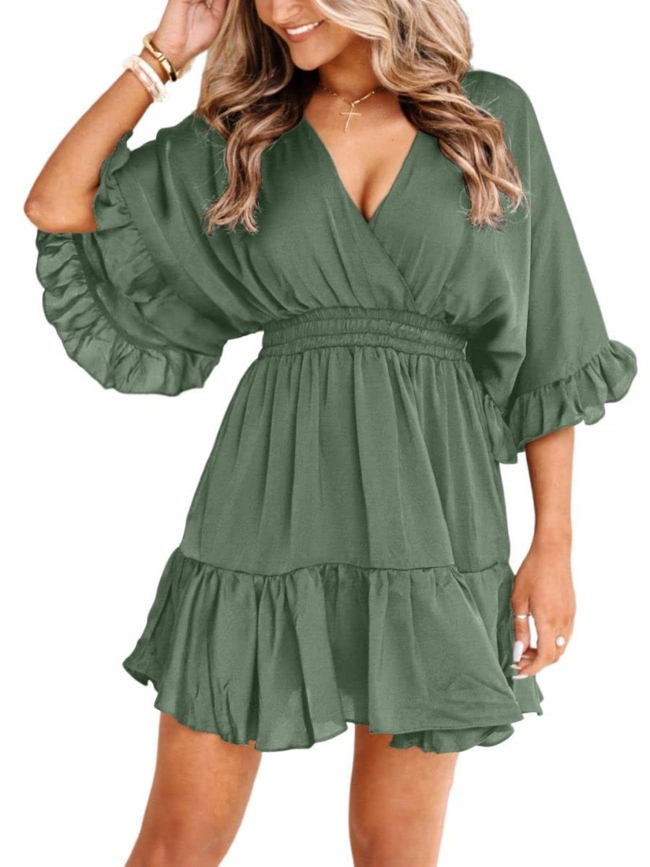 Aoysky Womens V Neck Casual Dresses Summer Cute Mini Short Western Dress | Wrap Dress, Loose Fit, High Waist, Ruffle Pleated, Smocked Waist, High waist, Elastic waist, A Line, Cute, Vacation, Work