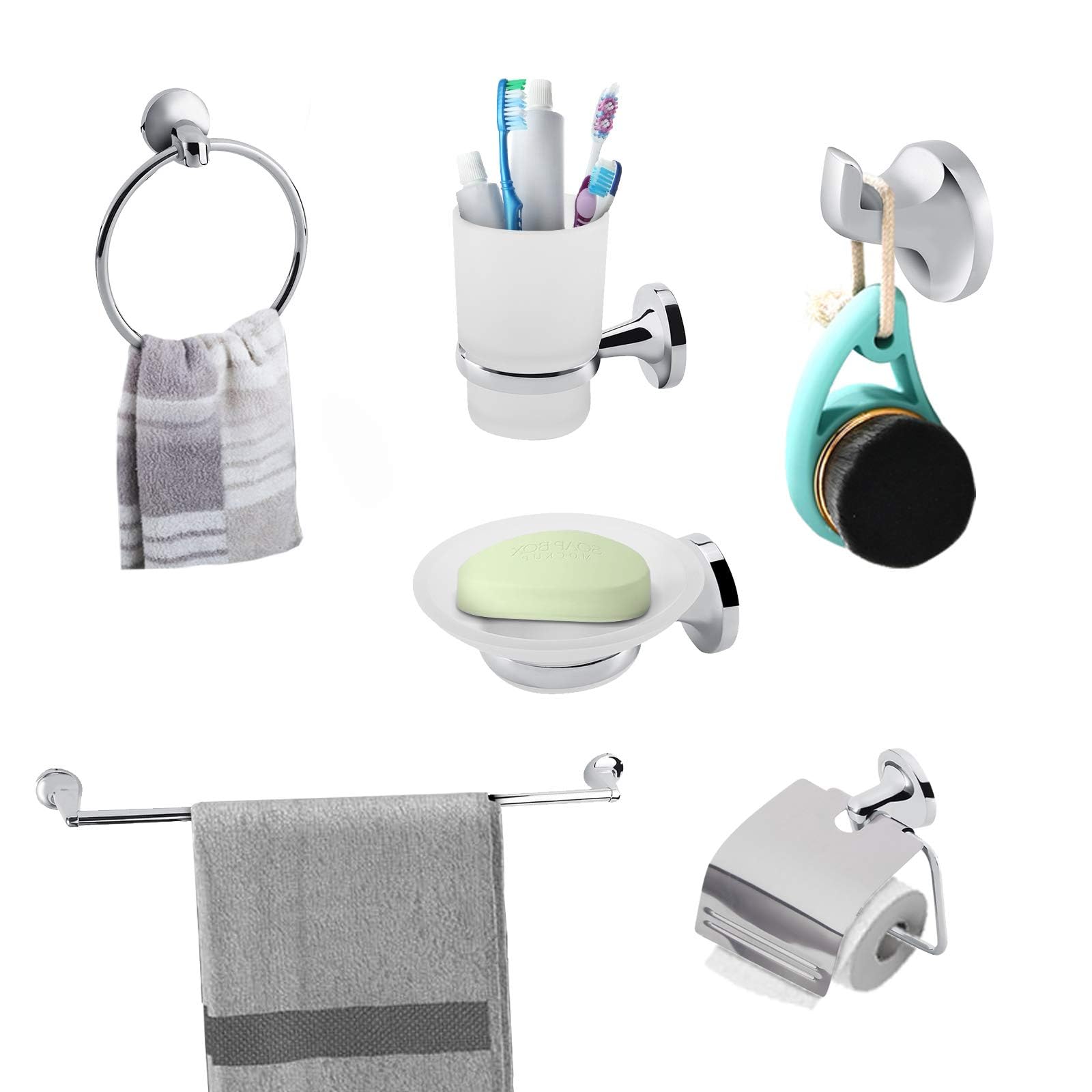 Ejoyous Juego de baño de 6 Piezas: toallero, portarrollos, jabonera, Gancho y portacepillos de Dientes, Zinc Cromado + Vidrio Esmerilado, Moderno, Plateado