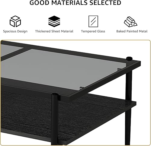 Miniatura 7 de Juego de mesa auxiliar y mesa auxiliar de 3 piezas, marco de metal negro, mesa auxiliar superior de cristal, estante superior cuadrado, mesas