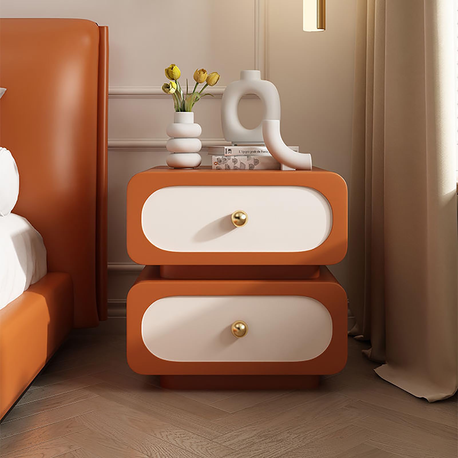 Table de chevet sans assemblage en bois massif et similicuir orange