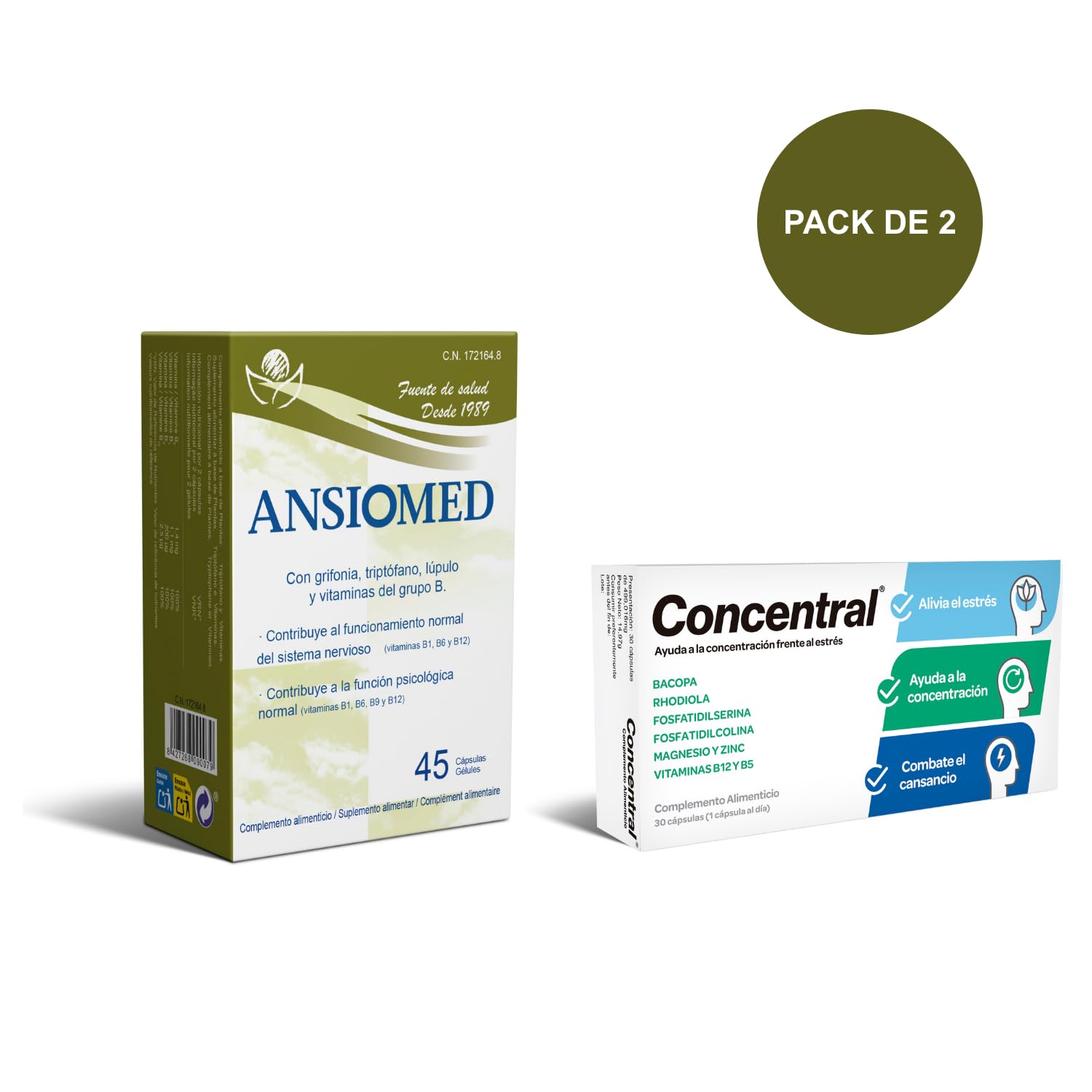 Pack Especial Bienestar Psicológico y Concentración - Ansiomed 45 Cápsulas - Ayuda tu Bienestar Psicológico + Concentral 30 Cápsulas - Ayuda a la Concentración frente al Estrés