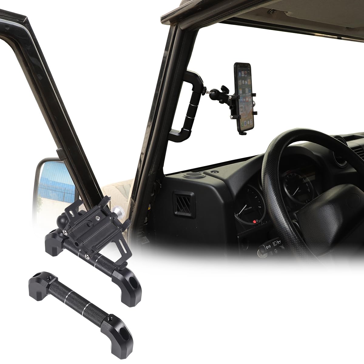 JONKOKO Car Interior Door Grab Handle Trim with Car Mobile Phone Holder Compatible with Land Rover Defender 2004-2018 Car A-Pillar Handle Mobile Phone Bracket GPS Navigation Bracket (Style D, Black)